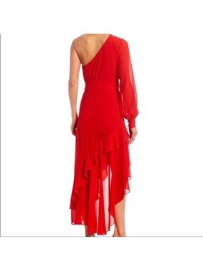 Badgley Mishka Women's One-Shoulder Red Ruffle Midi Dress, excellent condition!
